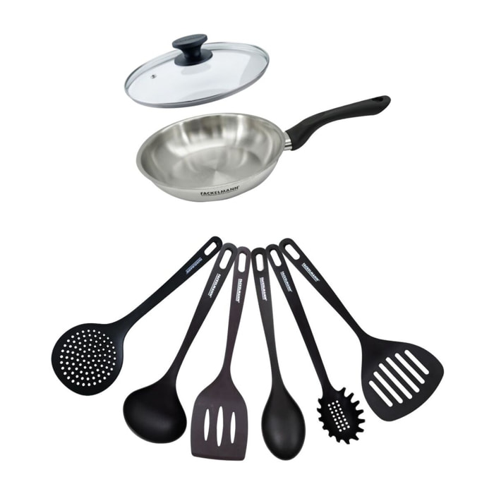 Set poêle en inox, couvercle verre et 6 ustensiles RPET Fackelmann Geneva