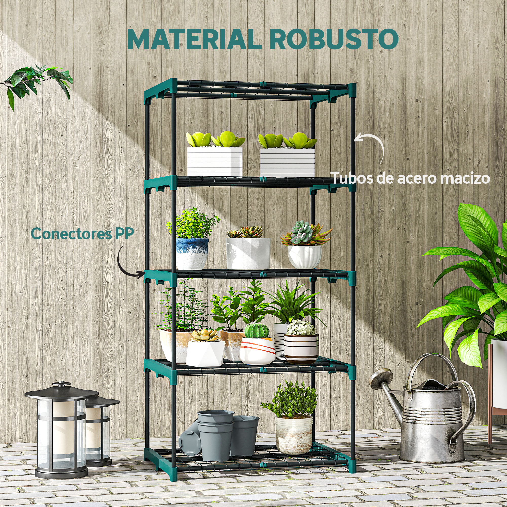 Soporte para Plantas de 5 Niveles, Estantería para Plantas de Acero, Estantes de Rejilla, Soporte para Macetas, Interior y Exterior, 67x49x138 cm, Verde Oscuro