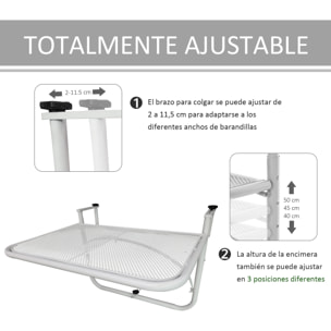 Mesa Colgante de Balcón con Brazo Regulable y Altura Ajustable en 3 Posiciones Marco Metálico Carga Máx. 30 kg 60x56,5x45 cm Blanco