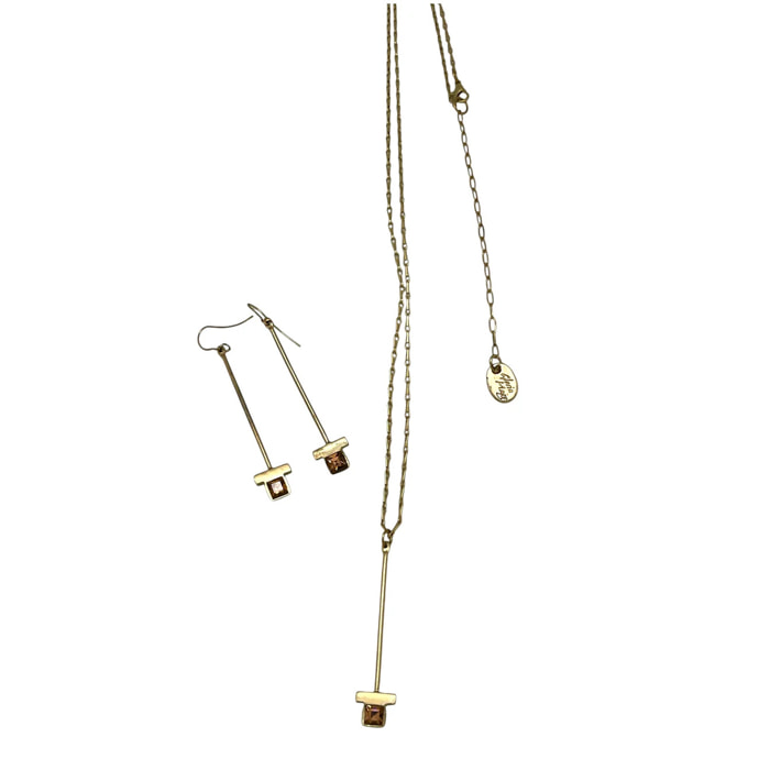 Conjunto Colalr largo y pendientes Atardecer Ambar en dorado chapado latón y crital SW