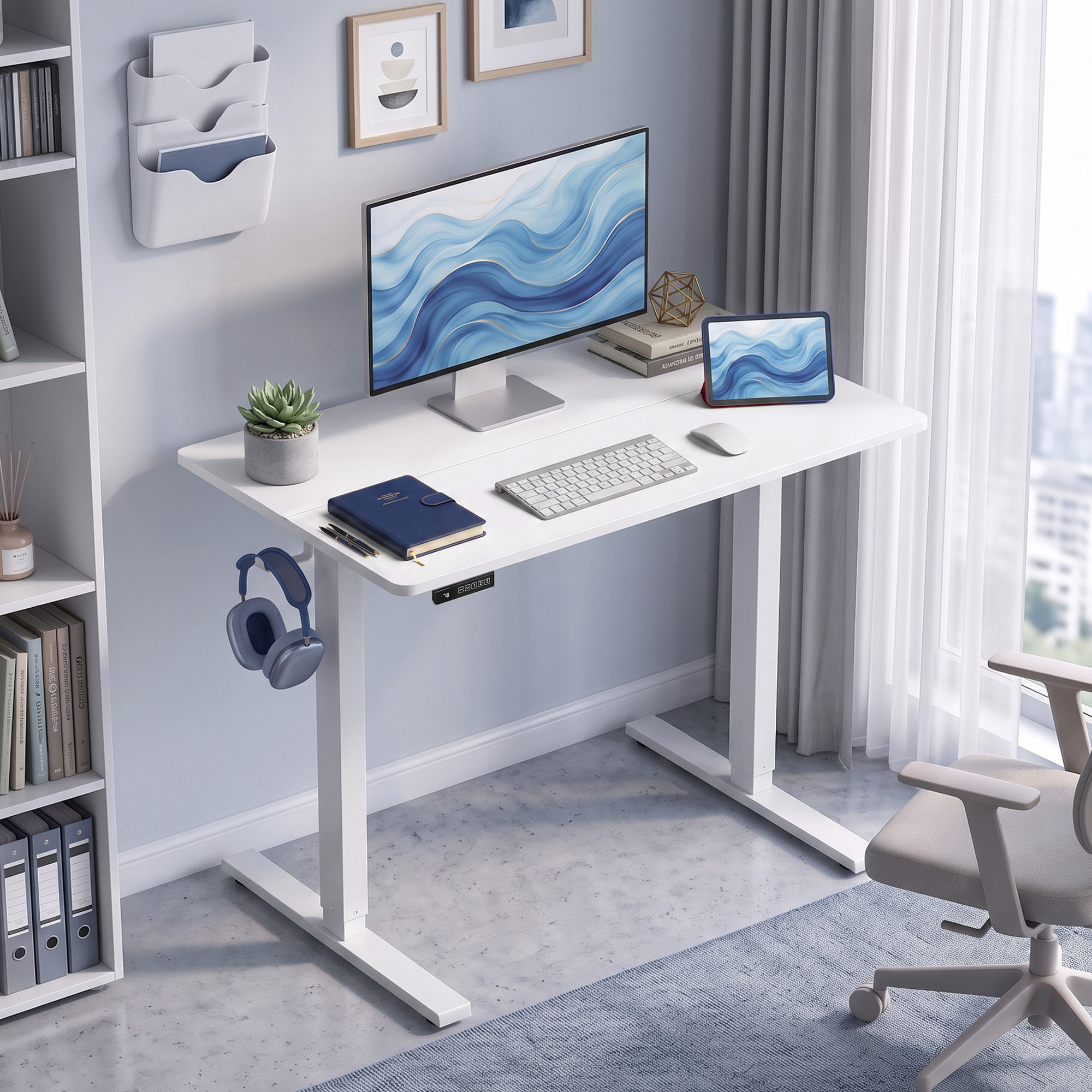 HOMCOM Escritorio Elevable 100x60 cm, Escritorio Eléctrico Regulable en Altura con 3 Alturas de Memoria, Pantalla LED, 2 Ganchos, 2 Pasacables, para Oficina en Casa, Estudio, Blanco