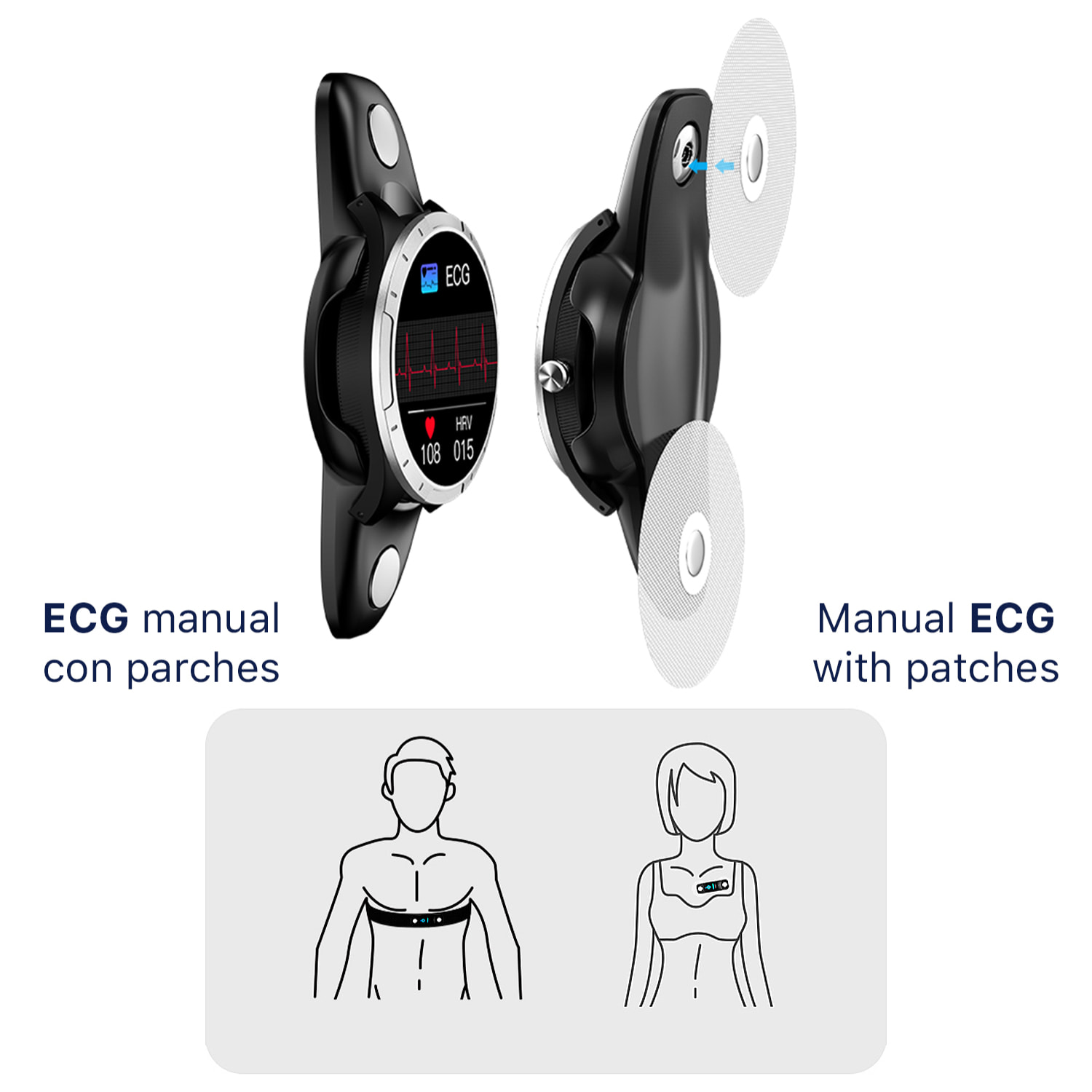 Smartwatch X3 con monitor de tensión y O2 en sangre. Incluye banda para pecho. Informe VFC y ECG 24 horas.