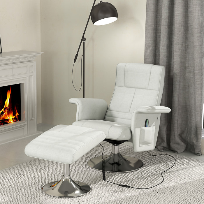 Fauteuil relax massant inclinable réglable avec repose-pied piètement acier chromé tissu grège clair