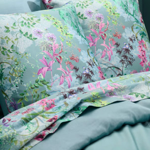 Lot h.couette +taies satin de coton 90 fils/cm² 115 g/m² imprimé bleu violet Ombres boisees givre