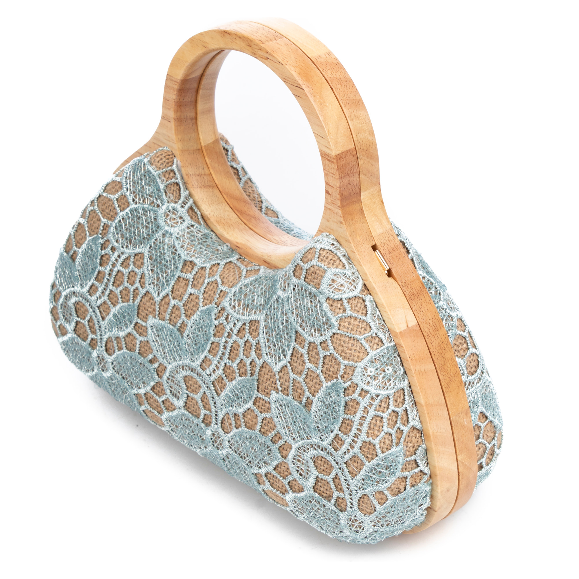 Avisio borsa a mano realizzata in legno naturale, cotone e juta con design a rete floreale