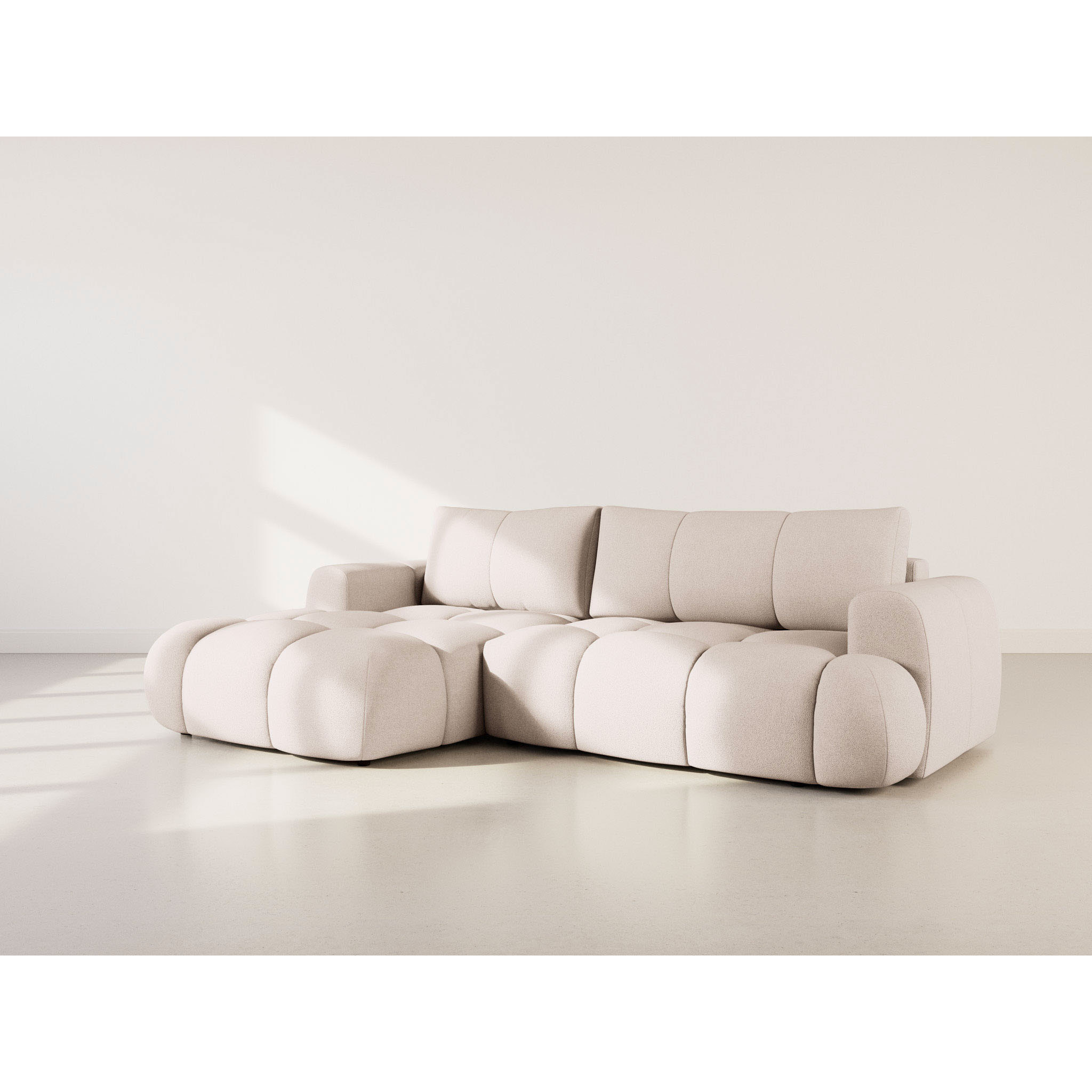Yulin - Canapé d'angle gauche 4 places convertible avec coffre en tissu bouclette - Beige
