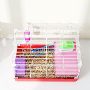 Cage rongeur hamster 2 niveaux cabane roue échelle biberon mangeoire 47 x 30 x 27 cm blanc rouge