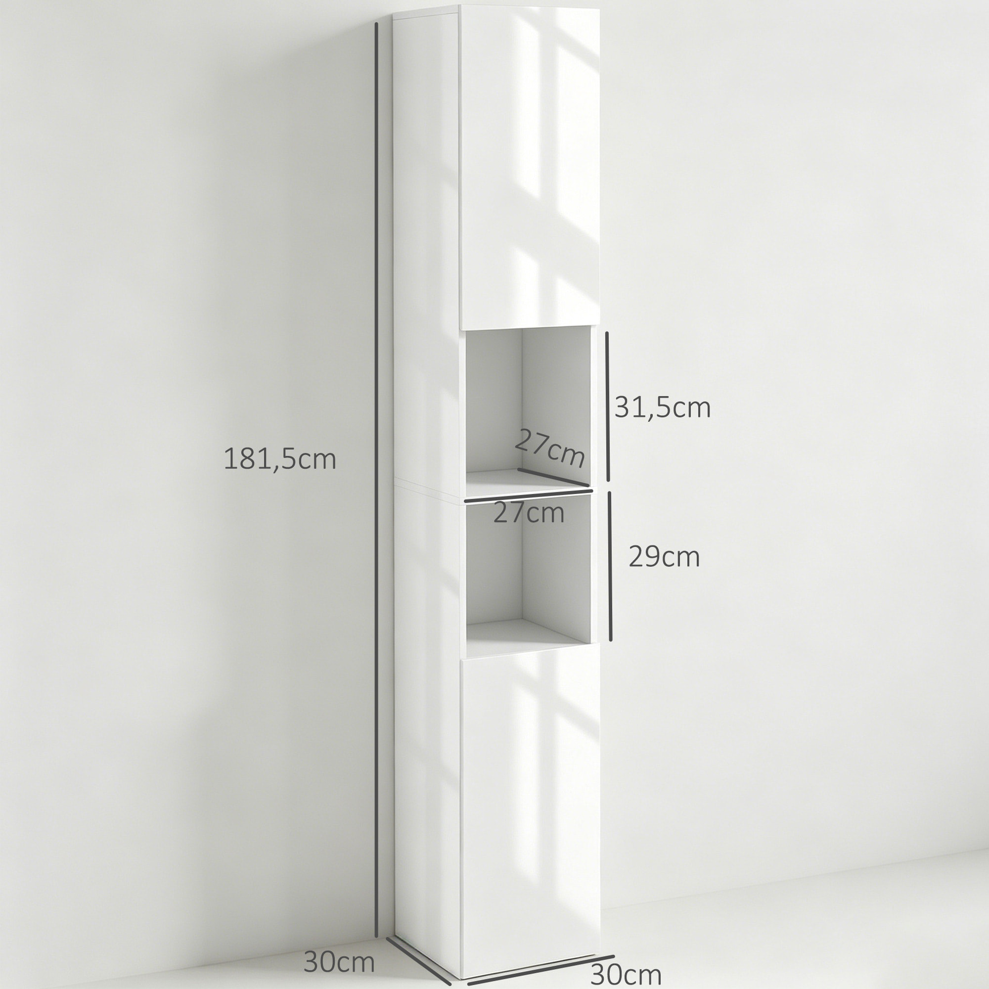 kleankin Armario de Baño Alto, Mueble de Baño Estrecho con Puertas y Estantes Ajustables, 30x30x81,5 cm, Blanco Brillo