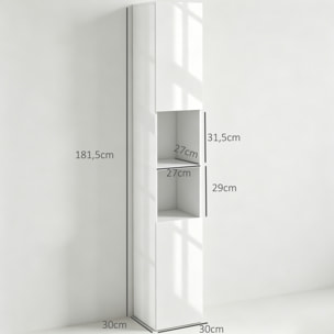 kleankin Armario de Baño Alto, Mueble de Baño Estrecho con Puertas y Estantes Ajustables, 30x30x81,5 cm, Blanco Brillo