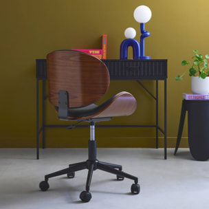 Chaise de bureau à roulettes bois courbé avec placage effet noyer et assise noire