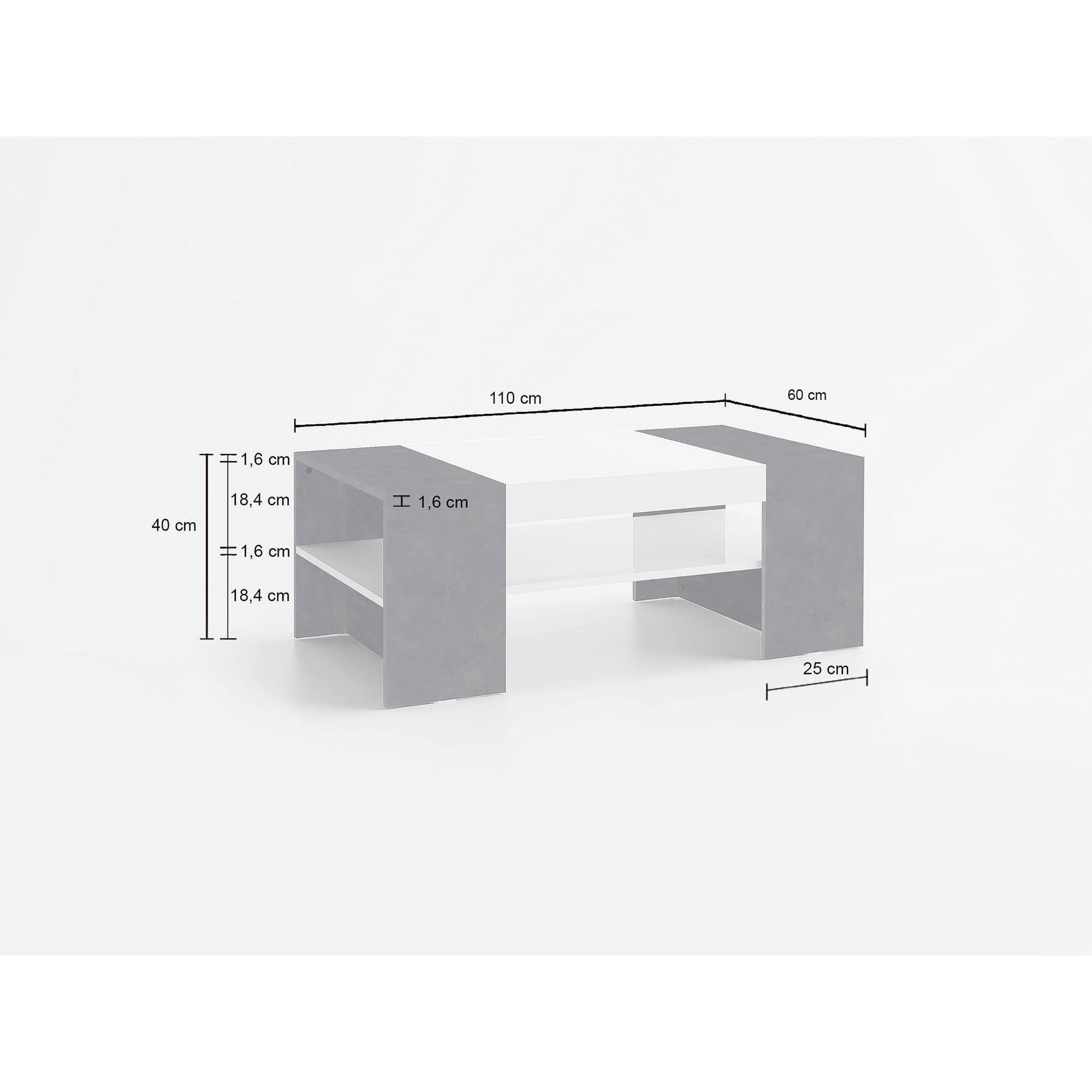 Tavolino da Caffè, Made in Italy, Tavolo da salotto, cm 110x60h40, colore Bianco lucido e Grigio Cenere