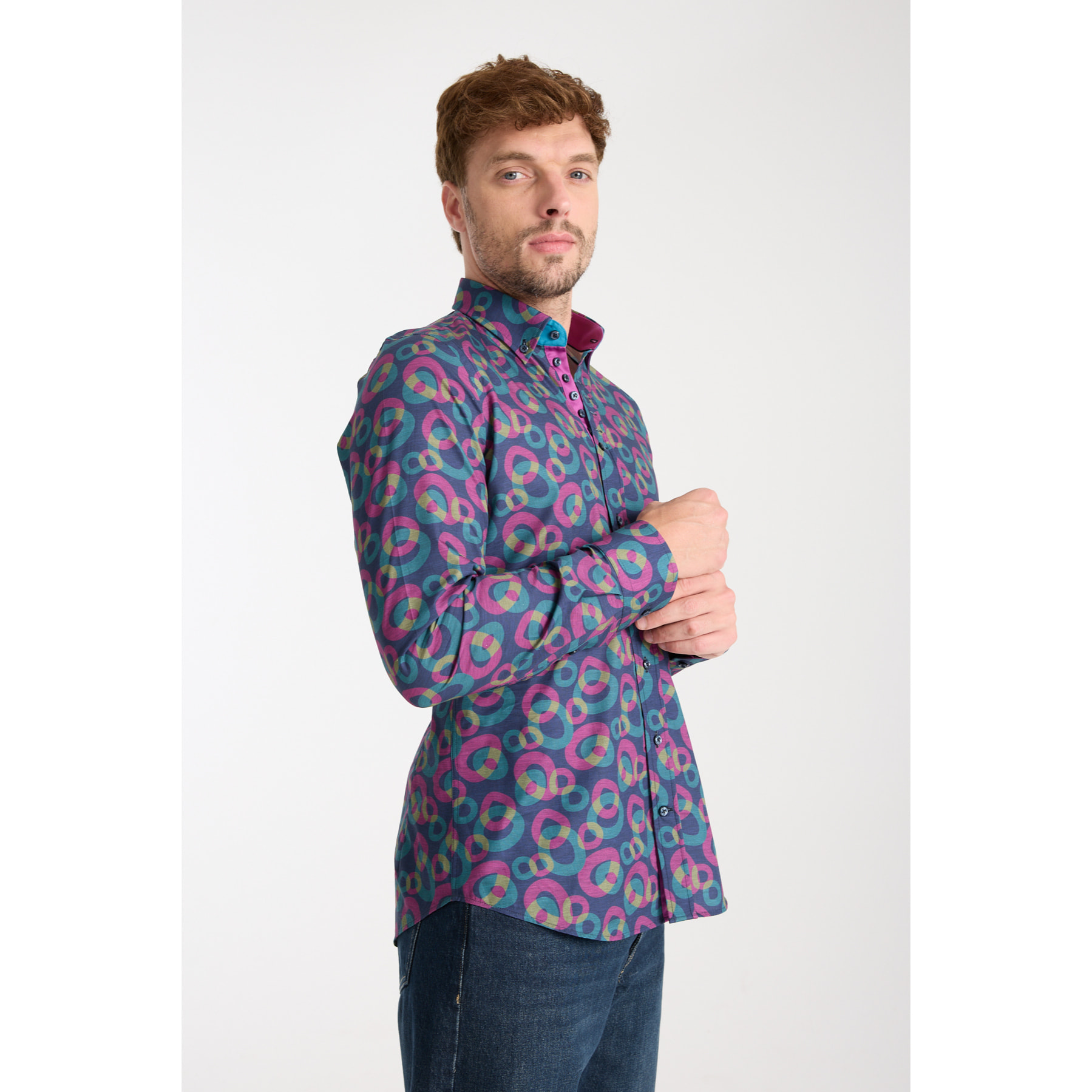 Camicia Uomo 1 Bottoni Button Down Slim Popeline Stampato Blu/Viola Ciclamino