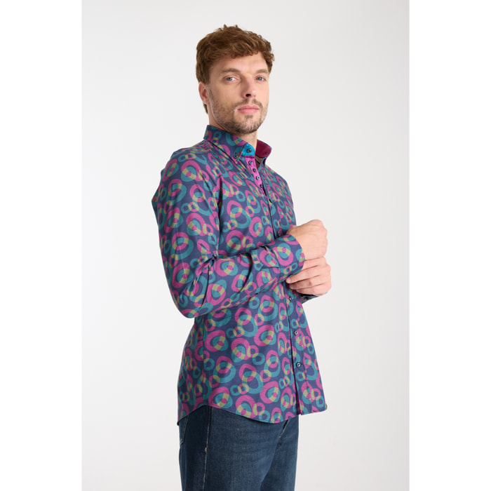 Camicia Uomo 1 Bottoni Button Down Slim Popeline Stampato Blu/Viola Ciclamino