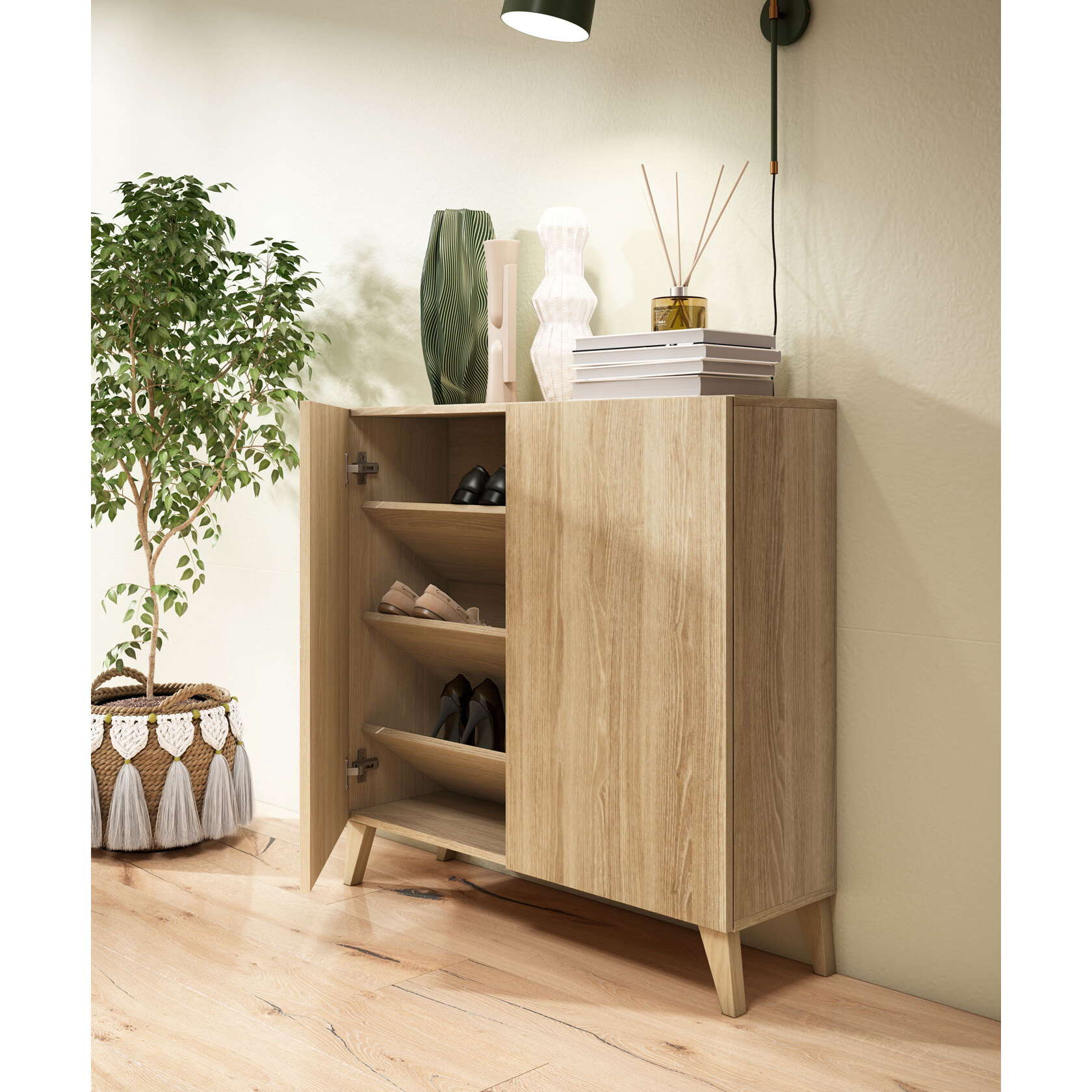 Zapatero Bergen melamina roble patas roble 87x90x27 cm