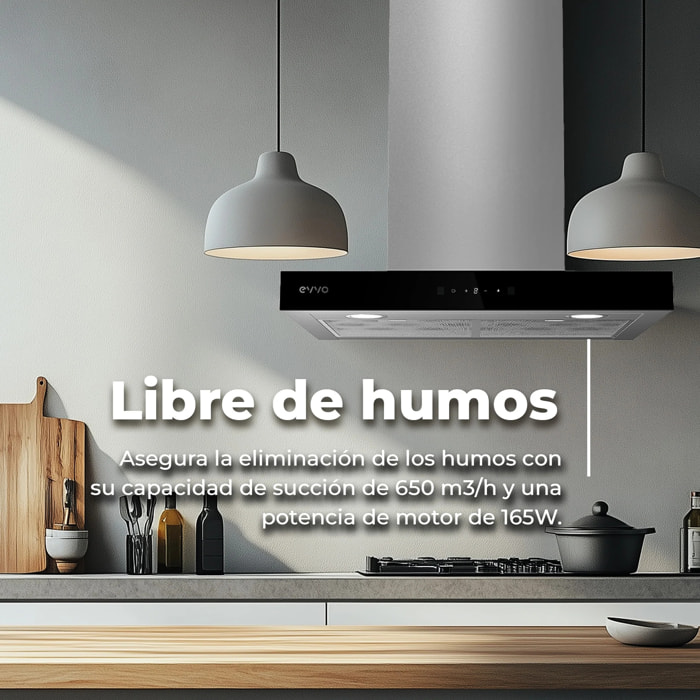EVVO Campana extractora CE31 decorativa 60 cm, 650 m³/h, 3 velocidades, modo boost, táctil display, LED, temporizador, A.