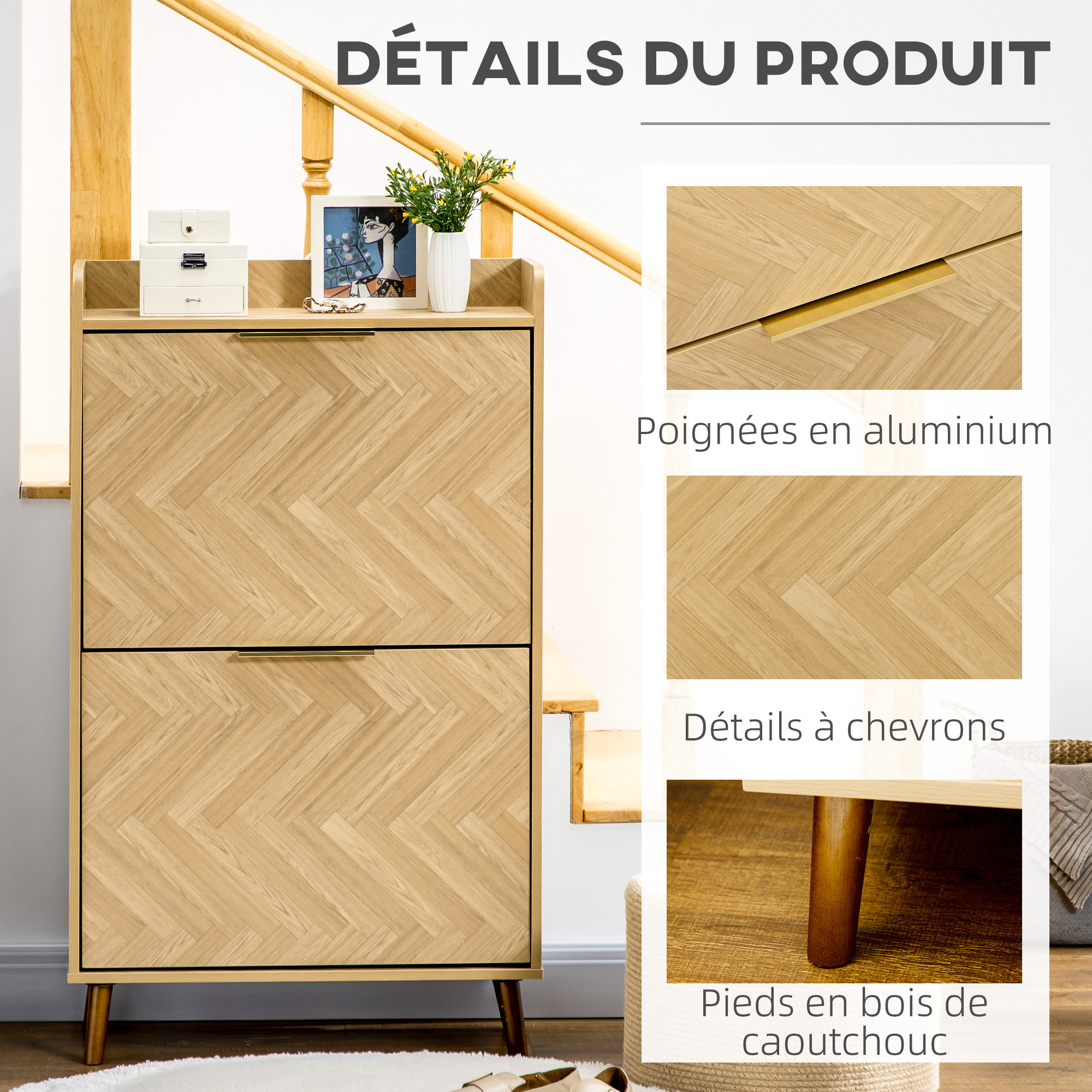 Meuble à chaussures design scandinave 2 portes abattantes 3 étagères piètement effilé incliné bois hévéa panneaux aspect chêne clair chevrons