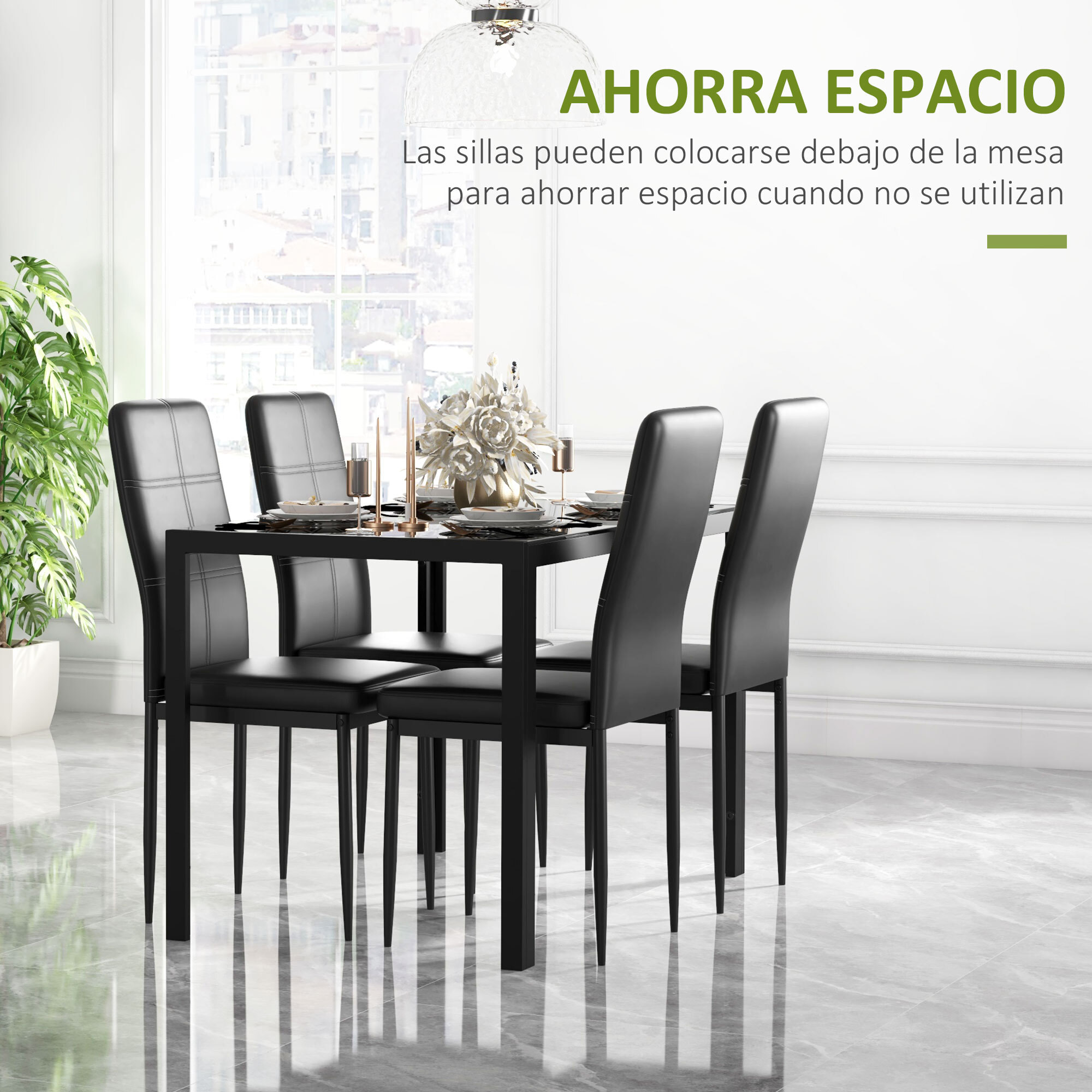 Conjunto de Comedor de Mesa y 4 Sillas 5 Piezas Juego de Muebles de Cocina Mesa Rectangular de Vidrio Templado y Sillas Tapizadas en PU con Patas de Metal Negro