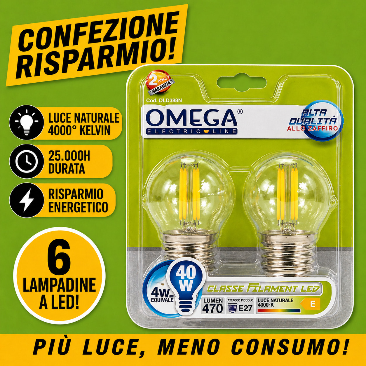 OMEGA Set 6 Lampadine Filament LED Sfera 4W E27 4000K