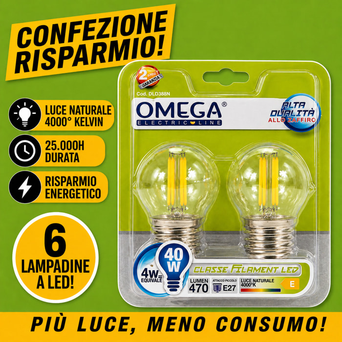 OMEGA Set 6 Lampadine Filament LED Sfera 4W E27 4000K