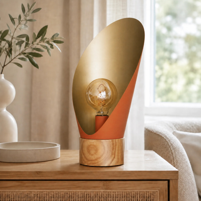 Lampe à poser en métal terracotta et bois H44 cm - Spoon