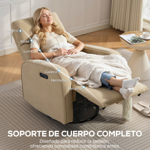 Sillón Relax Reclinable Eléctrico con Doble Motor, Sillón Reclinable de Chenilla Giratorio y Balancín con Reposacabezas Ajustable, Puertos USB y USB-C, Reposapiés, Botones Iluminados, Beige