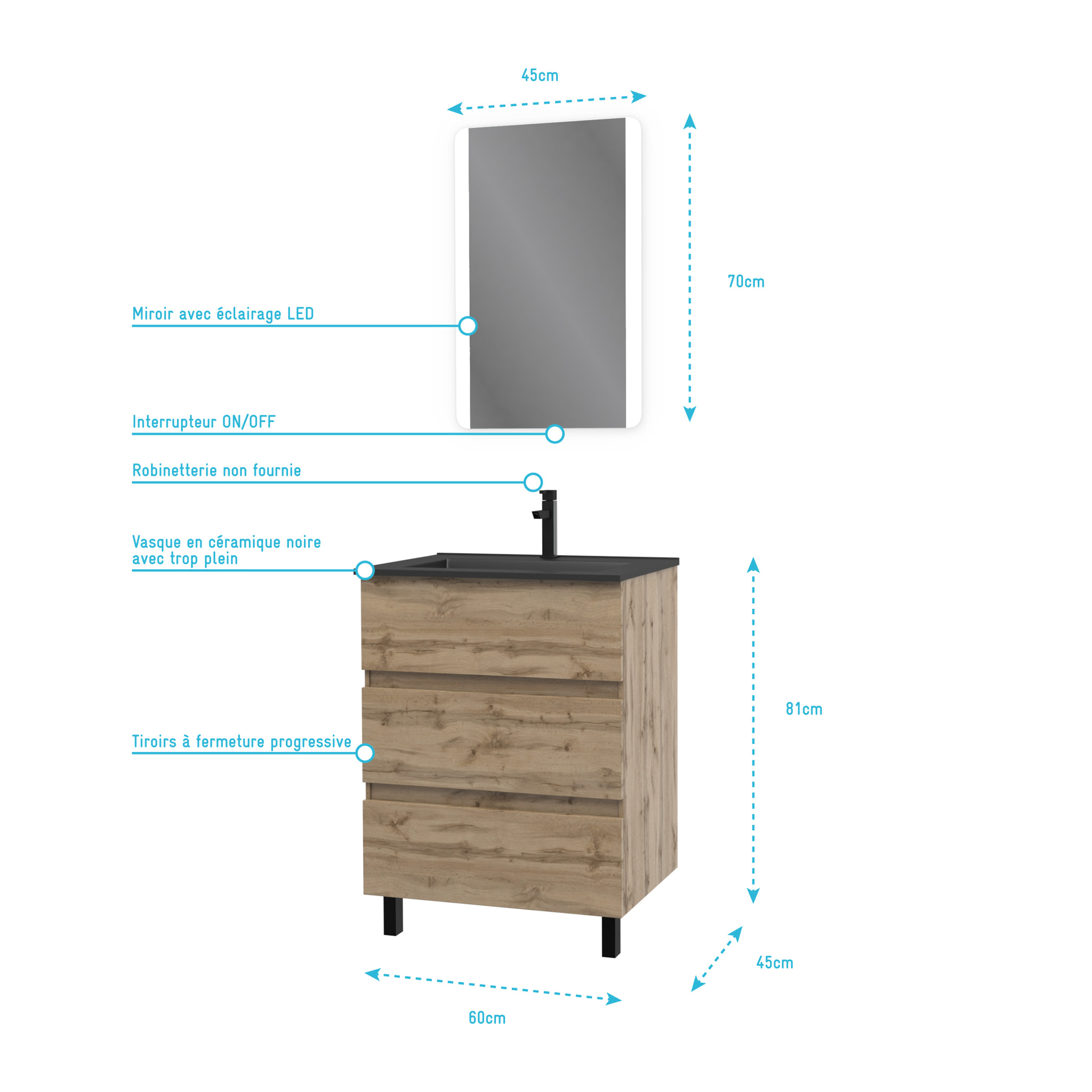 Pack Meuble SDB 60cm sur pieds 3 tiroirs Chene_Vasque noire + Miroir Led - TIMBER 60_Pack 14
