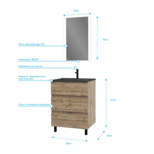 Pack Meuble SDB 60cm sur pieds 3 tiroirs Chene_Vasque noire + Miroir Led - TIMBER 60_Pack 14