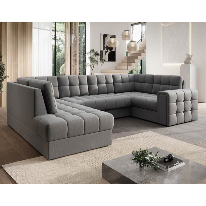 Nappa - Canapé panoramique d'angle droit 7 places convertible avec coffre en velours - Gris clair