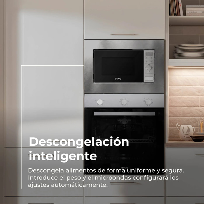 EVVO Microondas integrable Mi30 Inox, 21L , Grill 1000W, Efecto Brillante, Multifunción, Función Descongelar, Temporizador