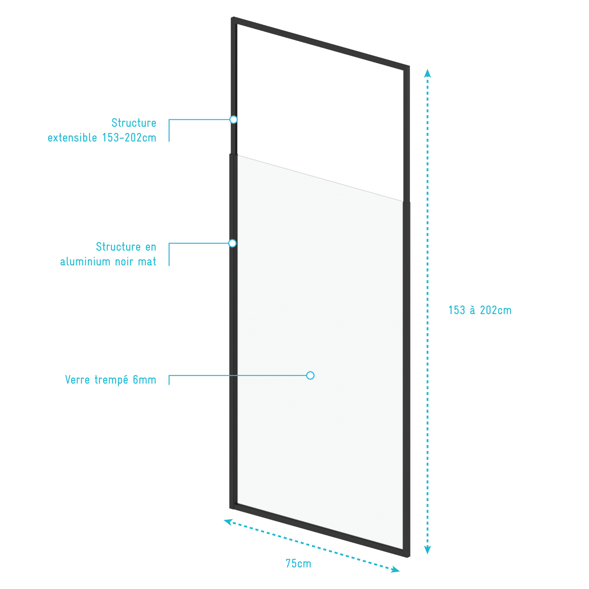 Pare baignoire 75x153cm extensible jusqu’à 202cm - aluminium noir mat - verre trempé 6mm - STRETCHY