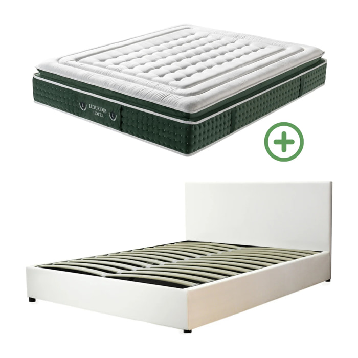 Ensemble matelas Jade & lit coffre Colisée | Mémoire de forme et ressorts ensachés | Grande capacité de stockage | Simili cuir | Blanc