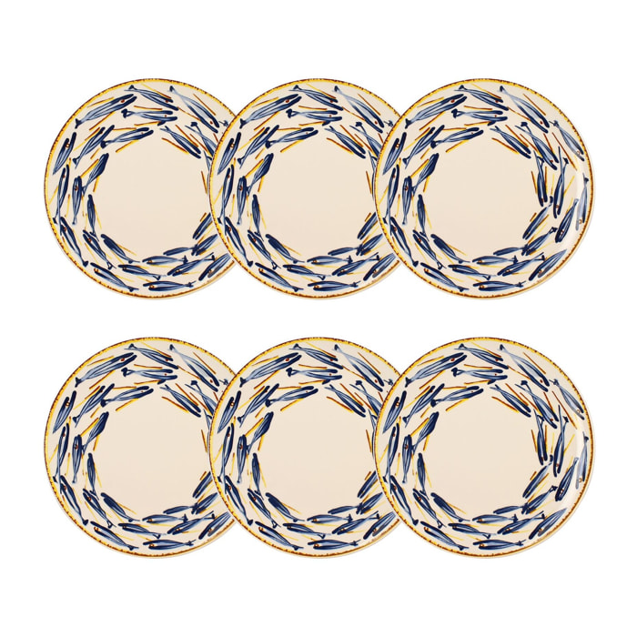 Lot de 6 assiettes plates 26cm en porcelaine à imprimé poisson MARIUS