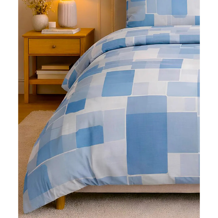 Parure Copripiumino Brick Azzurro per letto singolo in 100% Cotone e Made in Italy, cubi geometrico