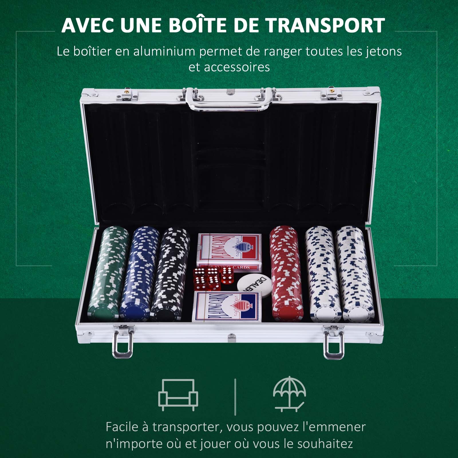 Mallette pro de poker coffret pro poker 38L x 21l x 6,5H cm 300 jetons 2 jeux de cartes + 2 clés aluminium