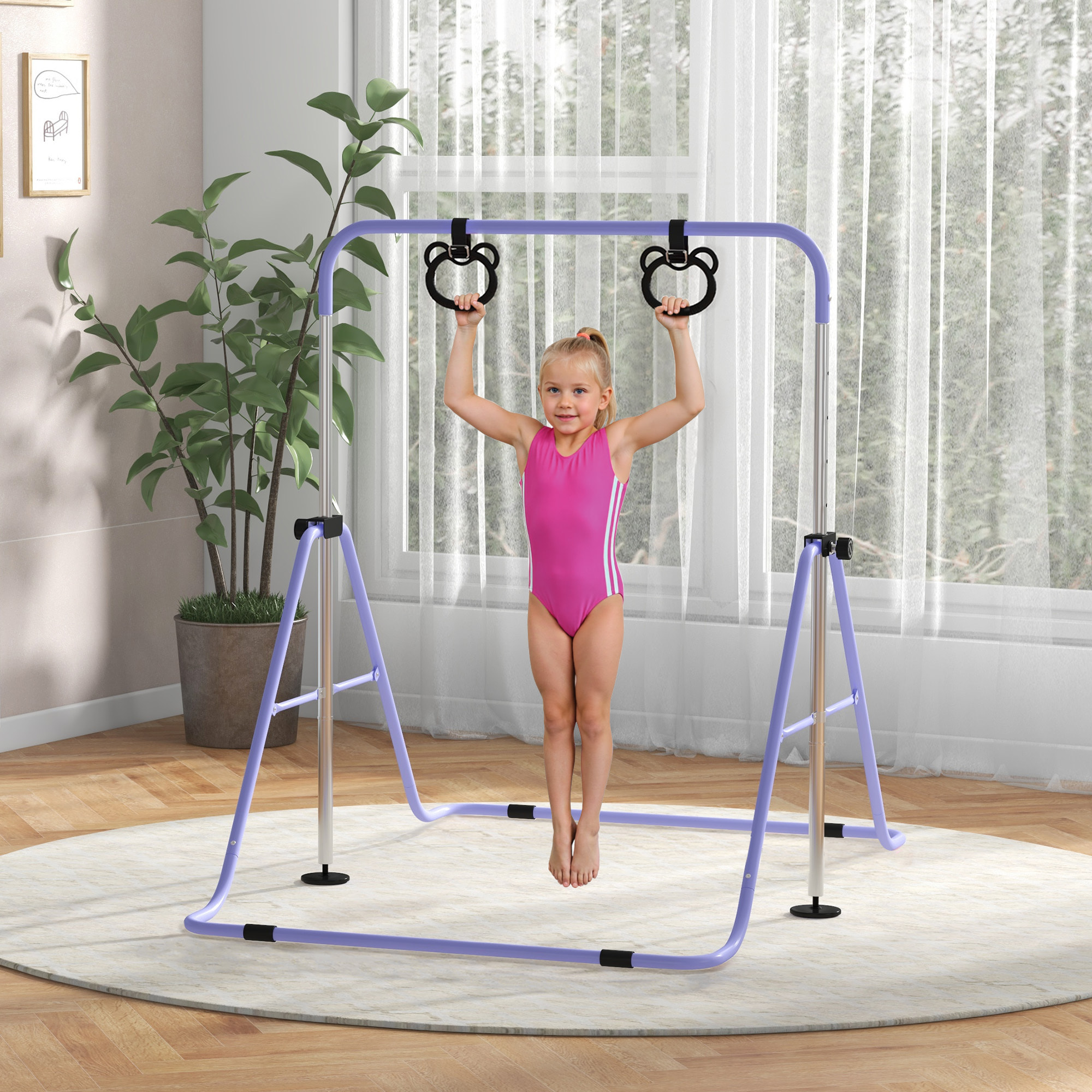 Barra de Gimnasia para Niños con Altura Ajustable en 5 Niveles y Anillos, Barra de Entrenamiento de Gimnasia Plegable en Casa, Púrpura