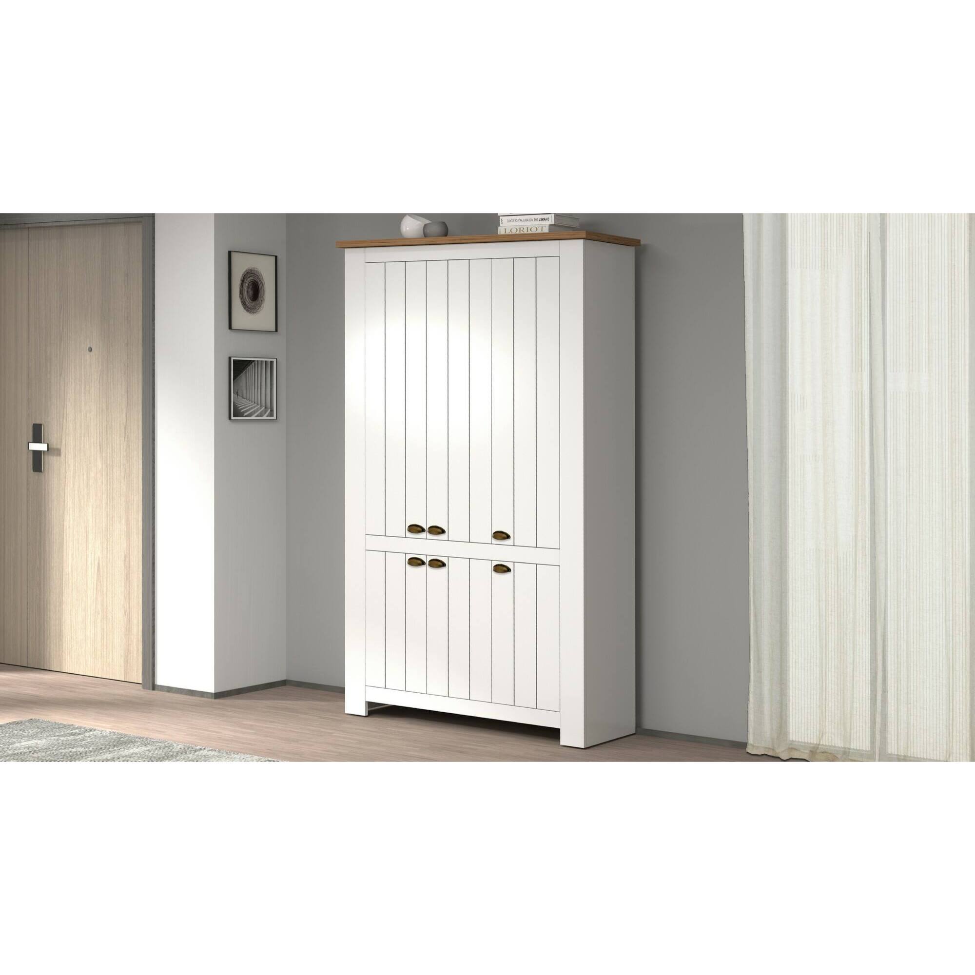 Scarpiera Dchristense, Porta scarpe salvaspazio a 6 ante, Armadio multifunzione da ingresso, 114x42h200 cm, Bianco e Rovere