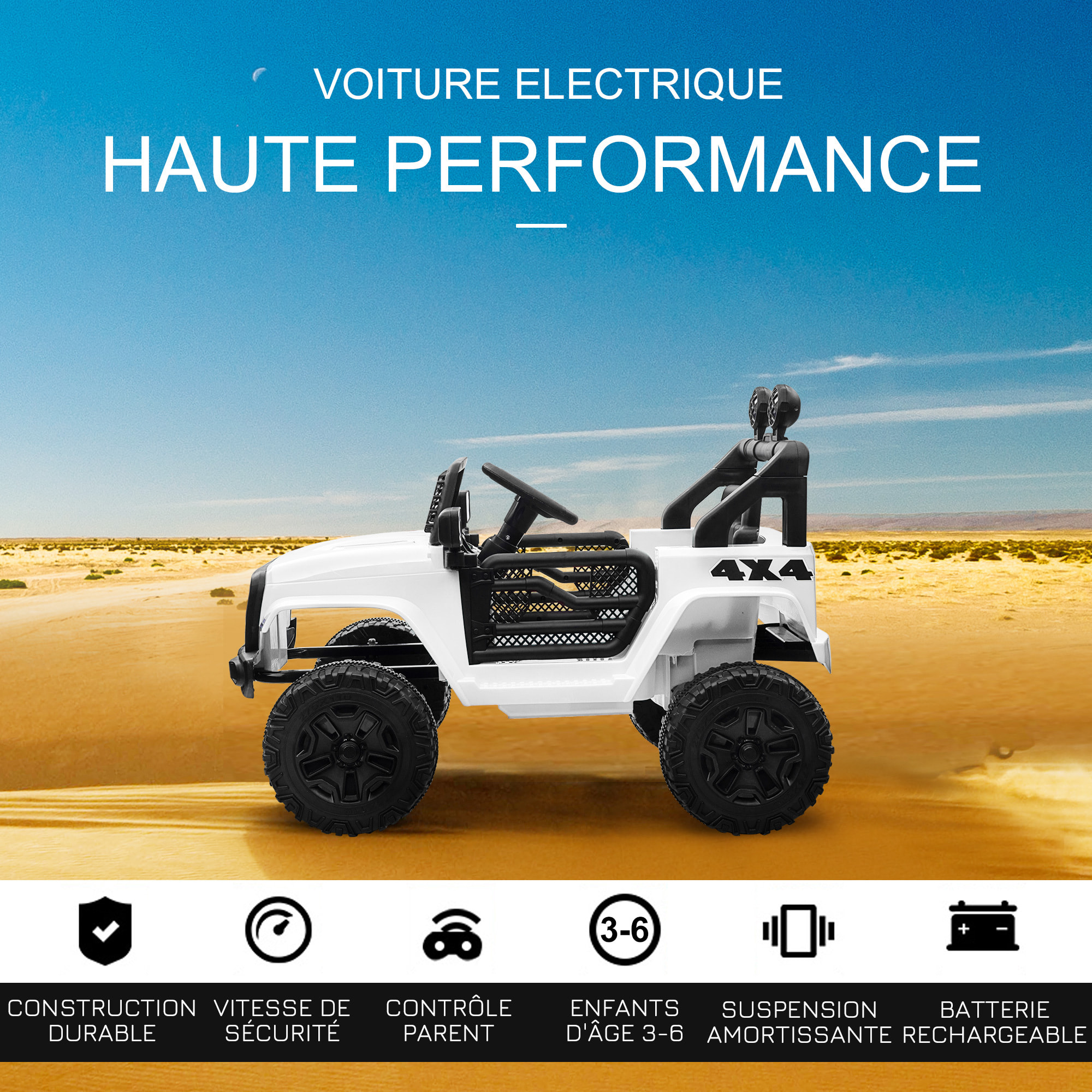 Voiture 4x4 électrique enfant moteur 2 x 35 W 5 Km/h max. télécommande incluse effets lumineux sonore lecteur MP3 USB blanc