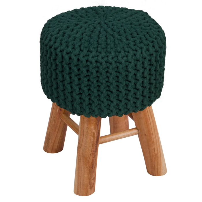 Petit tabouret tricot en coton vert sapin - Lisa