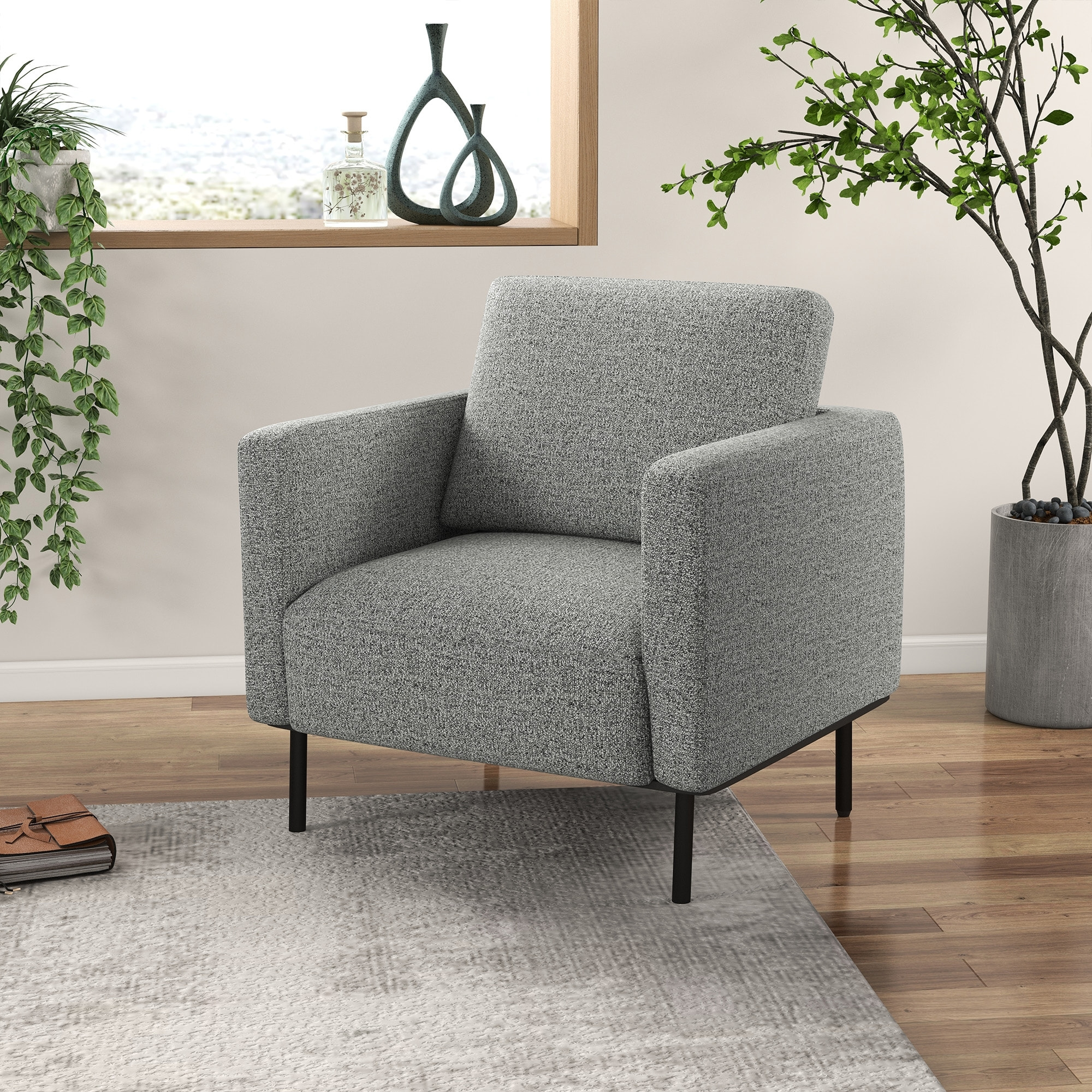 Fauteuil style contemporain grand confort piètement métal noir tissu toucher lin gris chiné