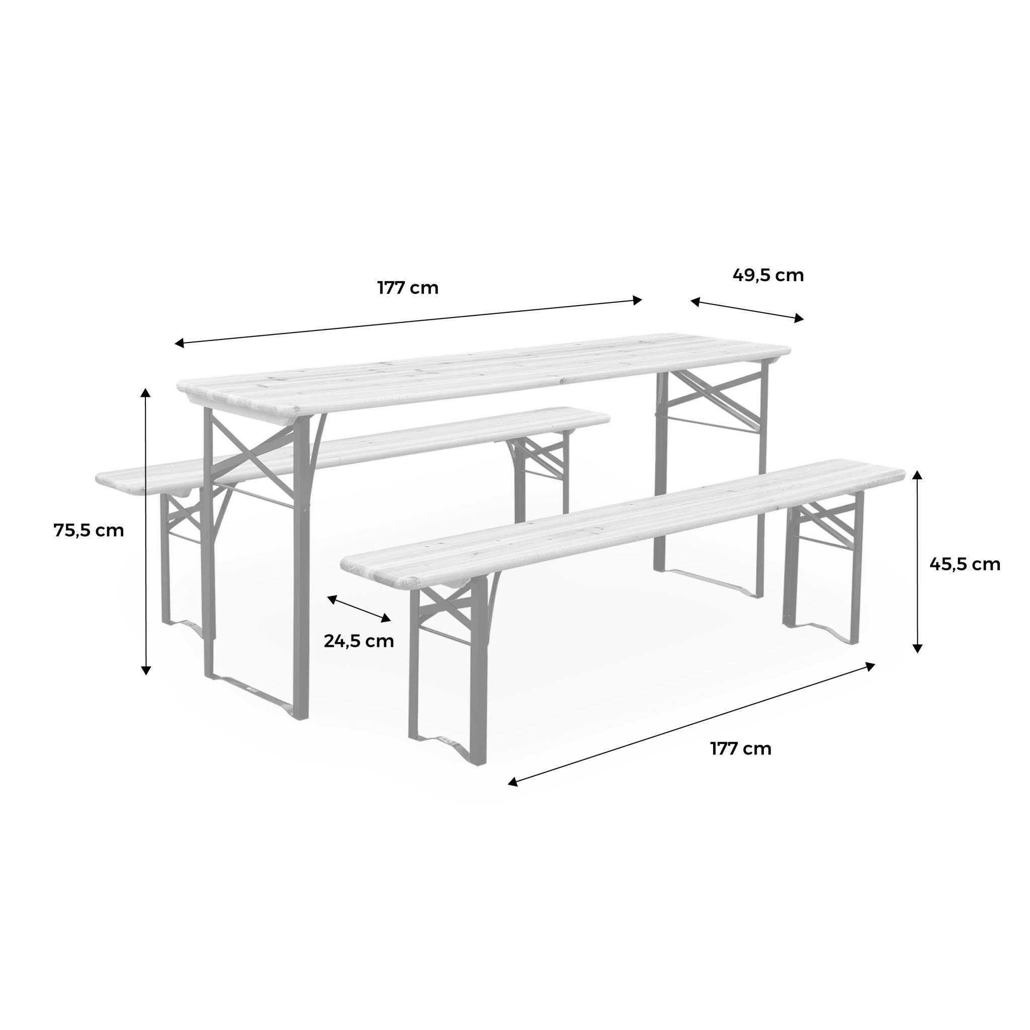 Table en bois 180cm avec 2 bancs – BAYONNE – Esprit brasserie. pliable. 6 personnes