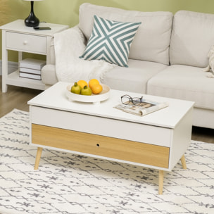 Table basse relevable - tiroir, coffre de rangement - dim. 100L x 50l x 49H cm - blanc aspect bois clair