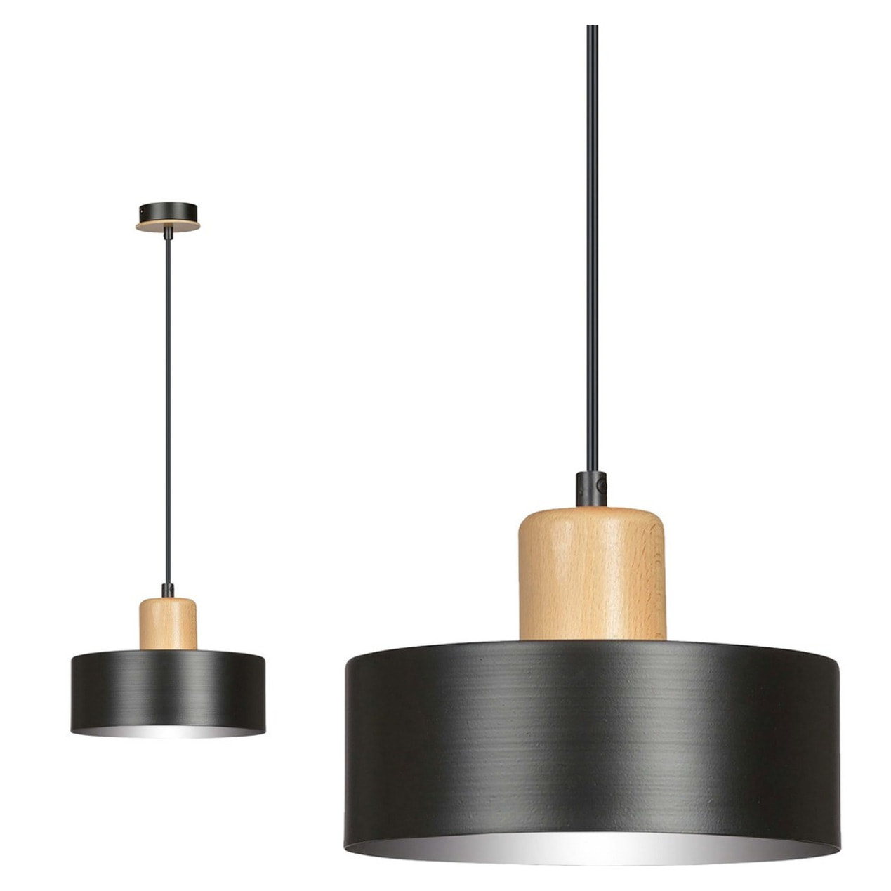 Lampada a sospensione Torin in acciaio nero opaco e legno