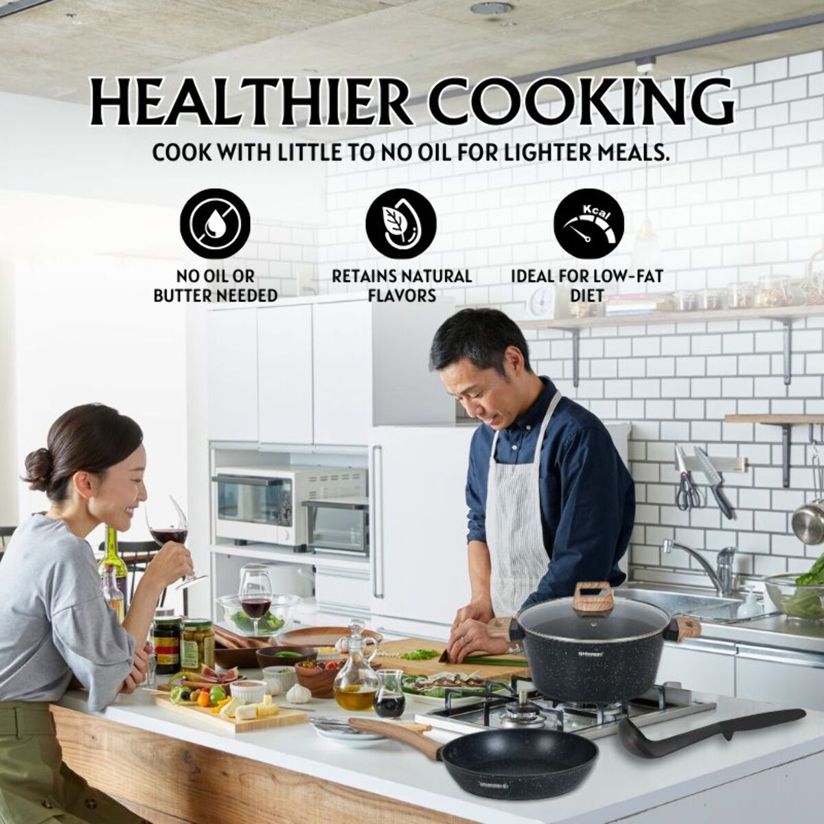 Batterie de cuisine 15 pièces avec revêtement en granit et manche en bois Noir Herzberg HGWDMRB15-BLK