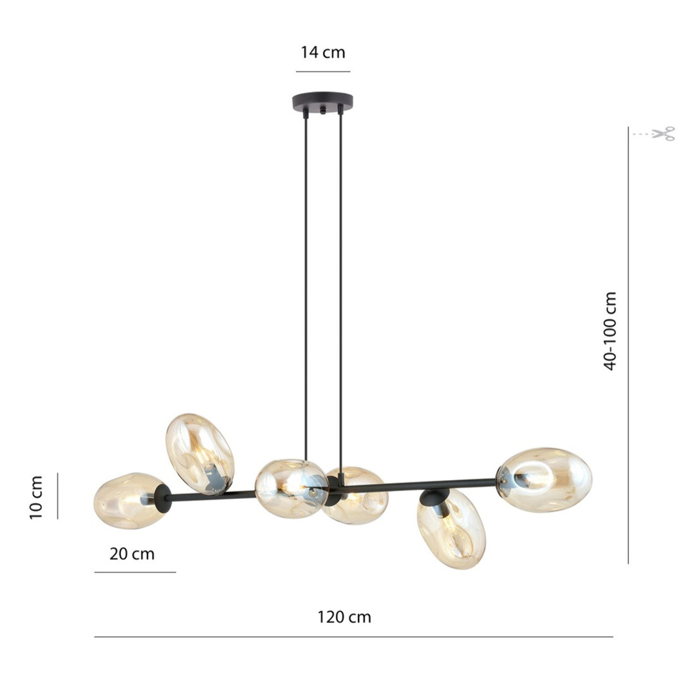 Lampada a sospensione Pandora con struttura in acciaio nero e diffusori ambra