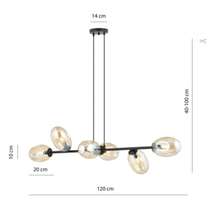 Lampada a sospensione Pandora con struttura in acciaio nero e diffusori ambra