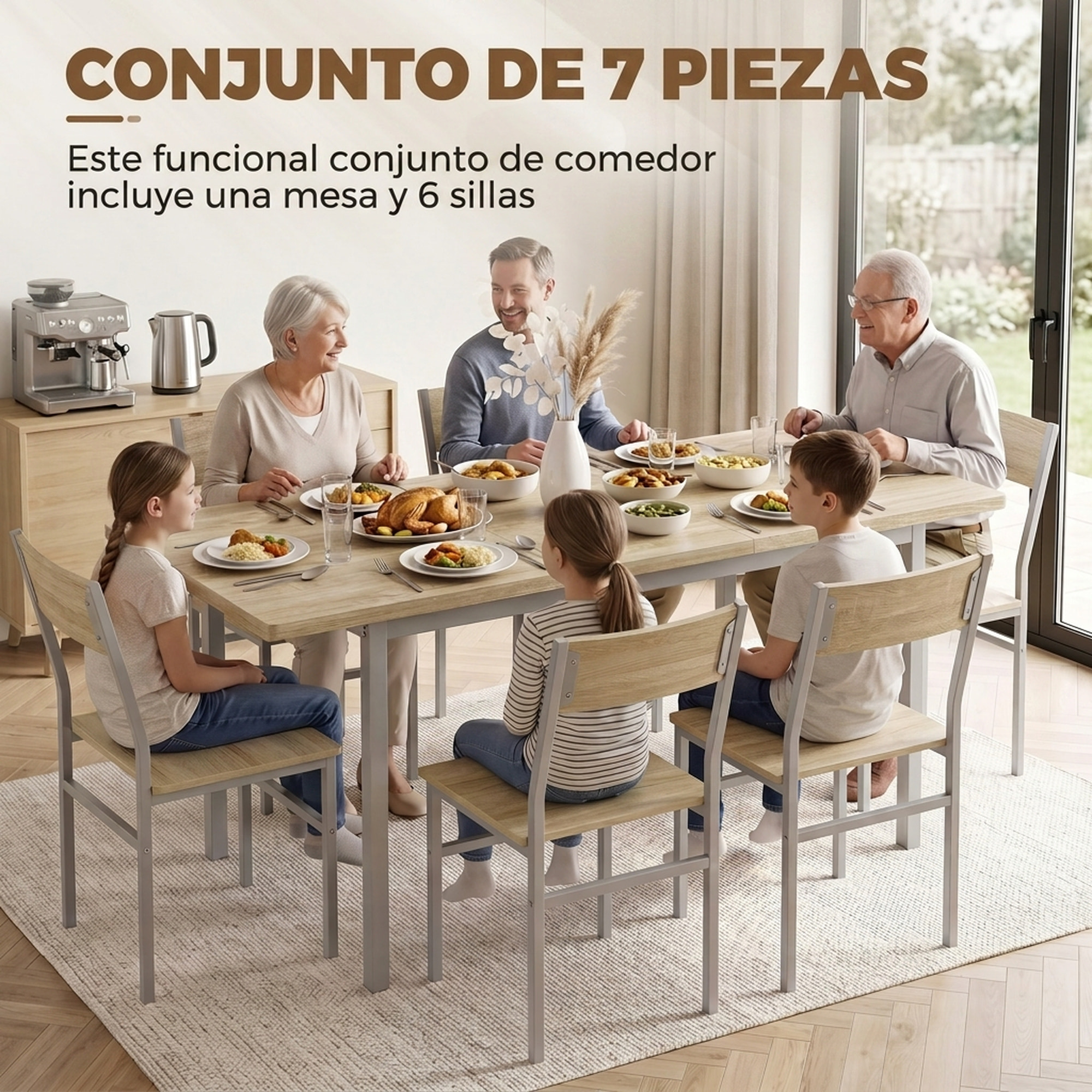 Conjunto de Mesa y 6 Sillas de Comedor de 7 Piezas, Mesa de Cocina Extensible 120-160 cm con 6 Sillas, Ahorro de Espacio, para 4-6 Personas, Marco Metálico, Efecto Roble