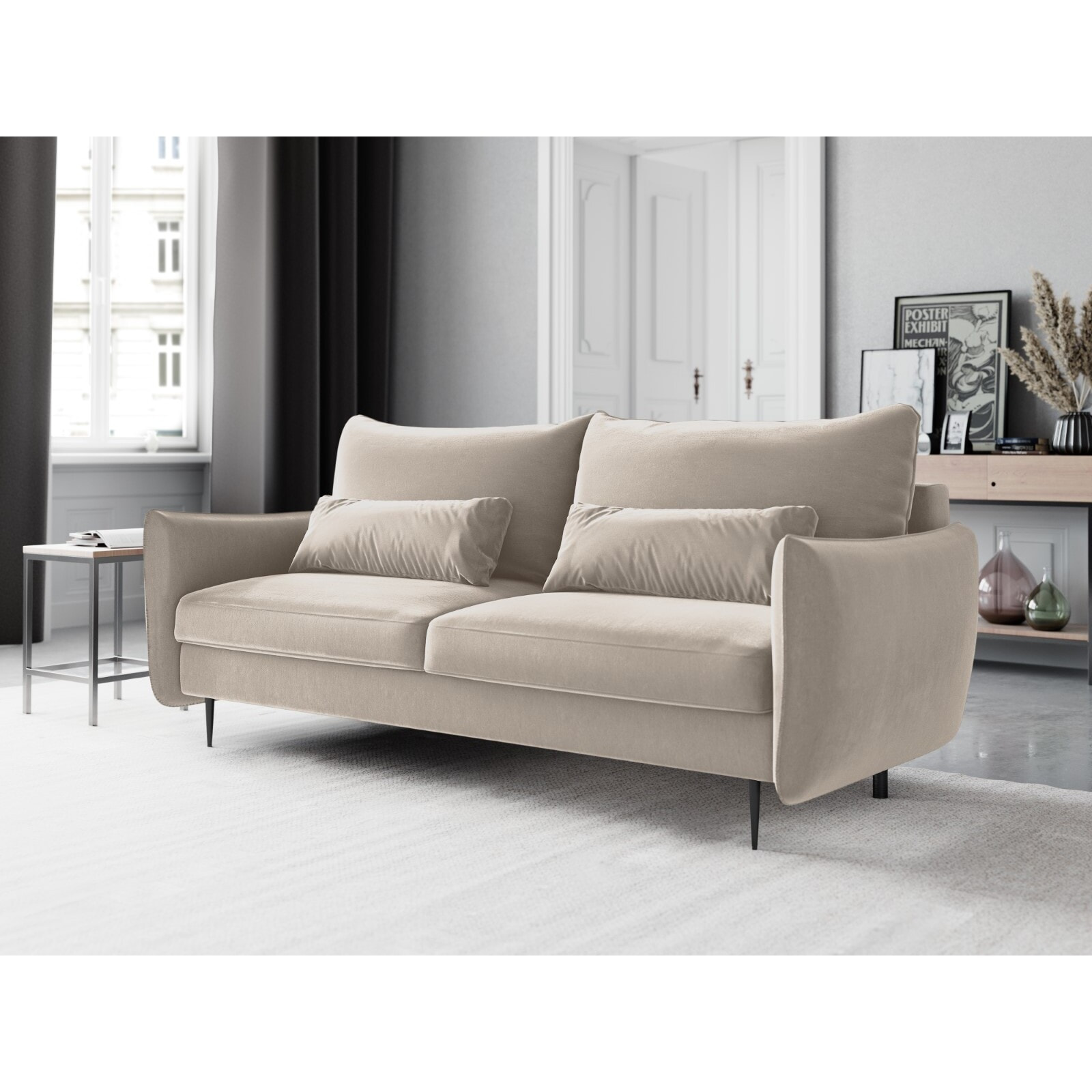 Canapé convertible avec coffre de rangement "Vermont" 3 places en velours beige clair