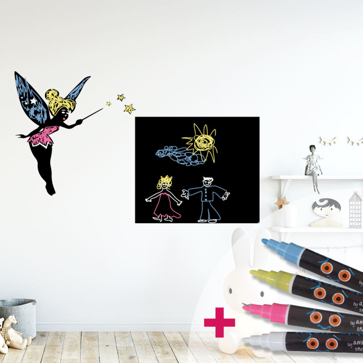 Sticker ardoise tableau noir - stickers muraux adhésif effaçable - FÉE + 4 CRAIES LIQUIDES