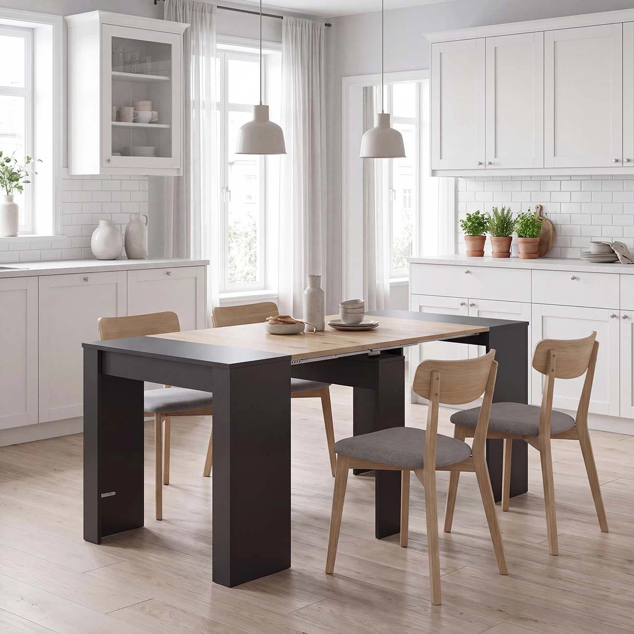 Mesa consola extensible en negro mate y alpine oak 50-235x90 cm Denis Negro Mate - Alpine Oak