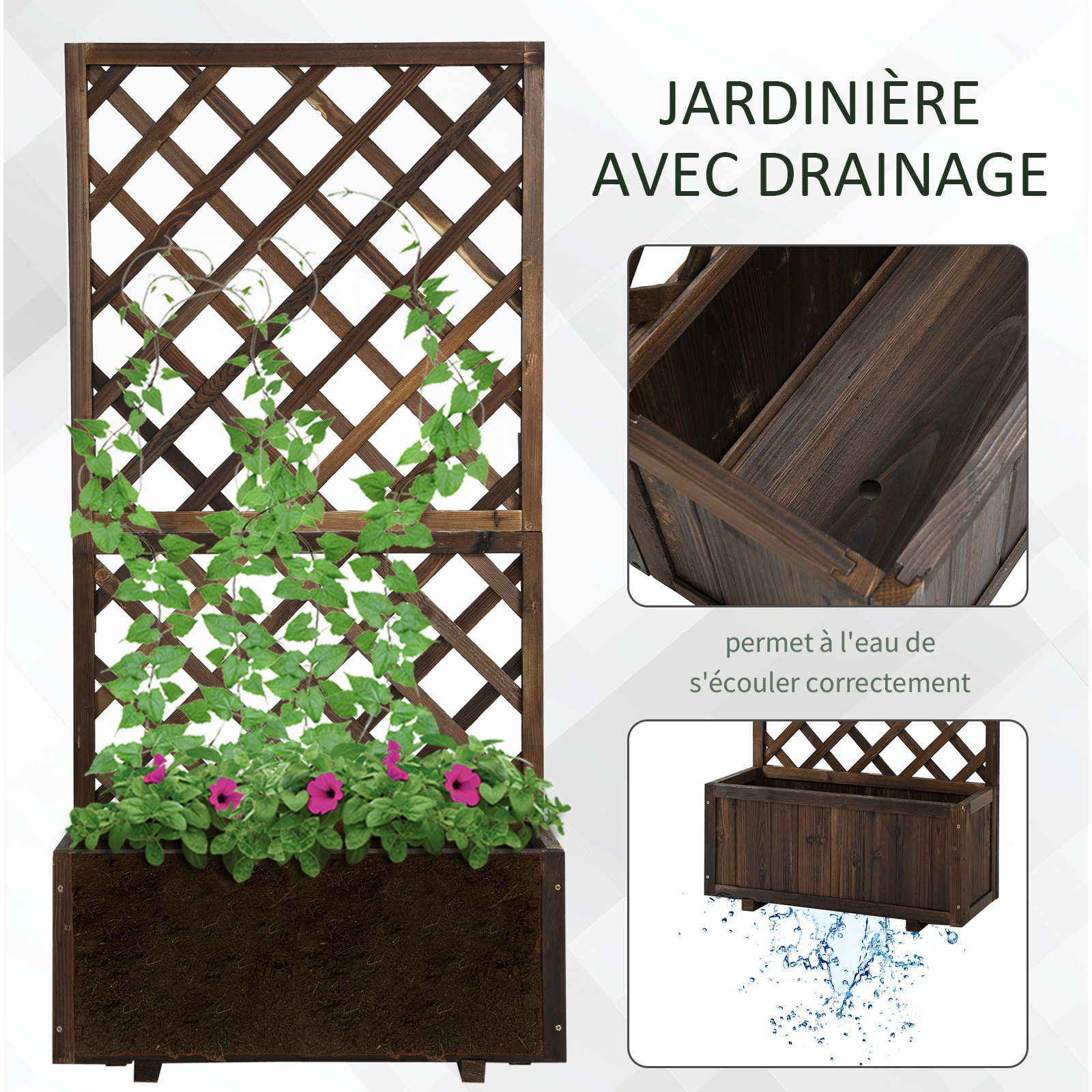 Jardinière avec treillis - bac à fleurs - jardinière sur pied - dim. 72,5L x 31,5l x 149,5H cm inserts d'irrigation inclus bois sapin traité carbonisation